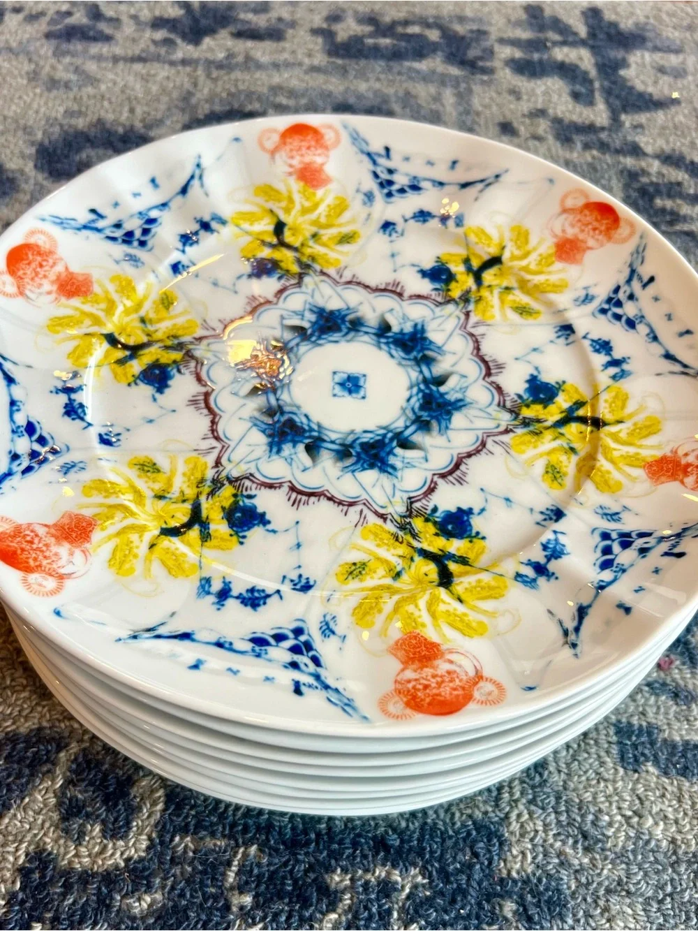 8 Anthropologie Porcelain Plates - Yellow, Blue & Orange - Stunning-Hard to Find